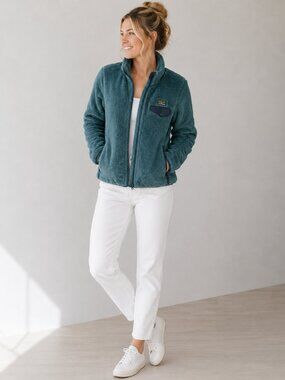 L.L.Bean Plush Full-Zip Fleece Jacket in Teal with Elbow Patches